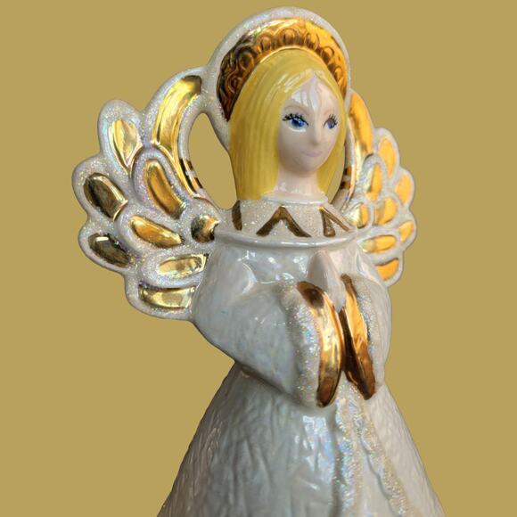 Vintage 1994 Hand Painted Ceramic White and Gold Angel Christmas Decor - Picture 3 of 5